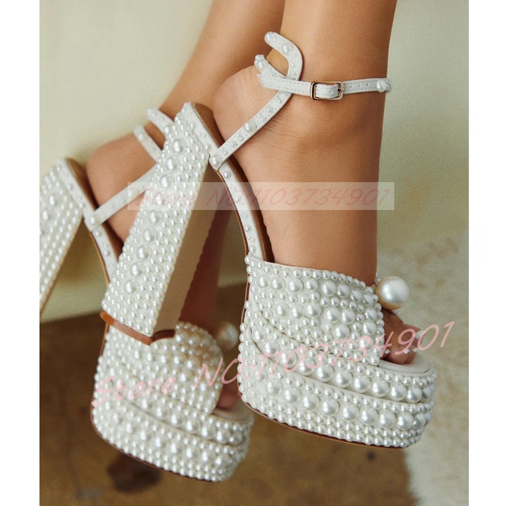 Wedding Shop - Kadın Beyaz İnci Platform Sandalet Ayak