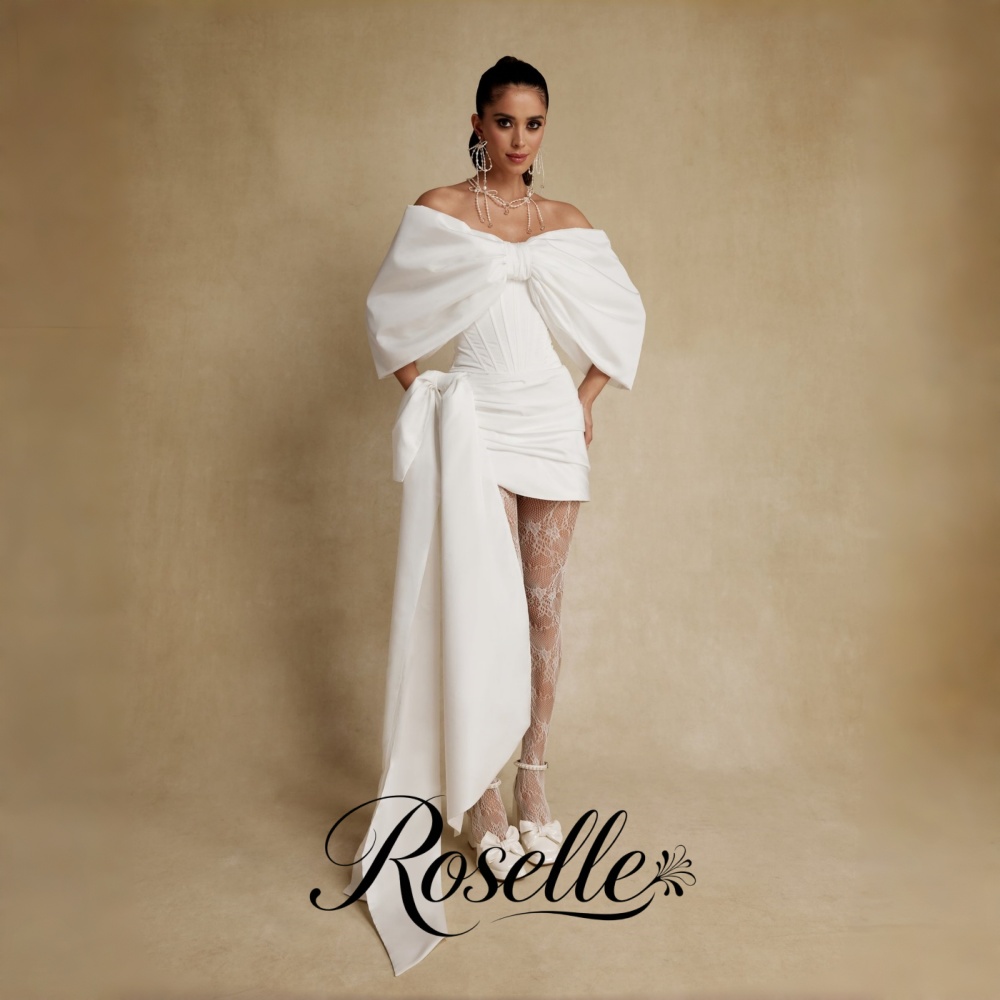 Wedding Qw - ROSELLE Omuzları Açık Mini Gelinlik Fiyonklu