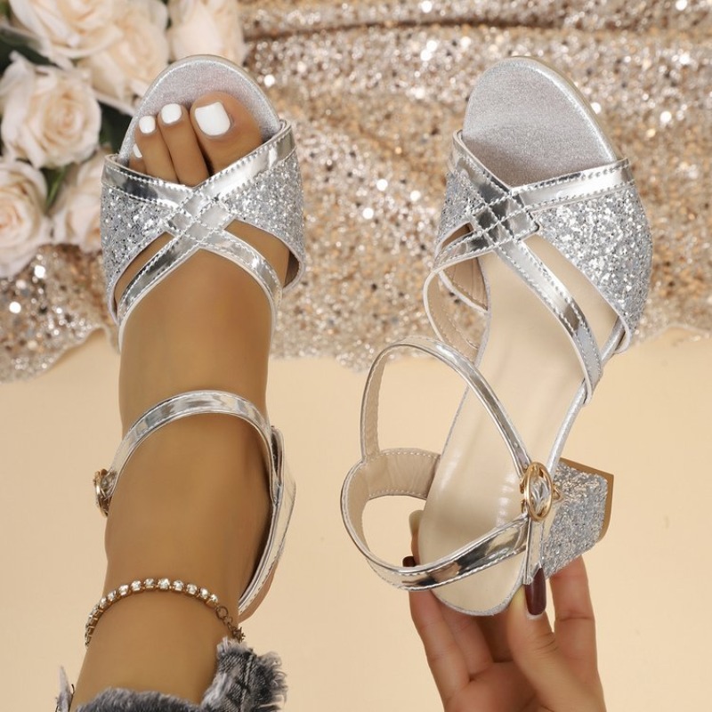 Wedding Shop - Kadın Blok Topuklu Sandalet Altın Işıltılı
