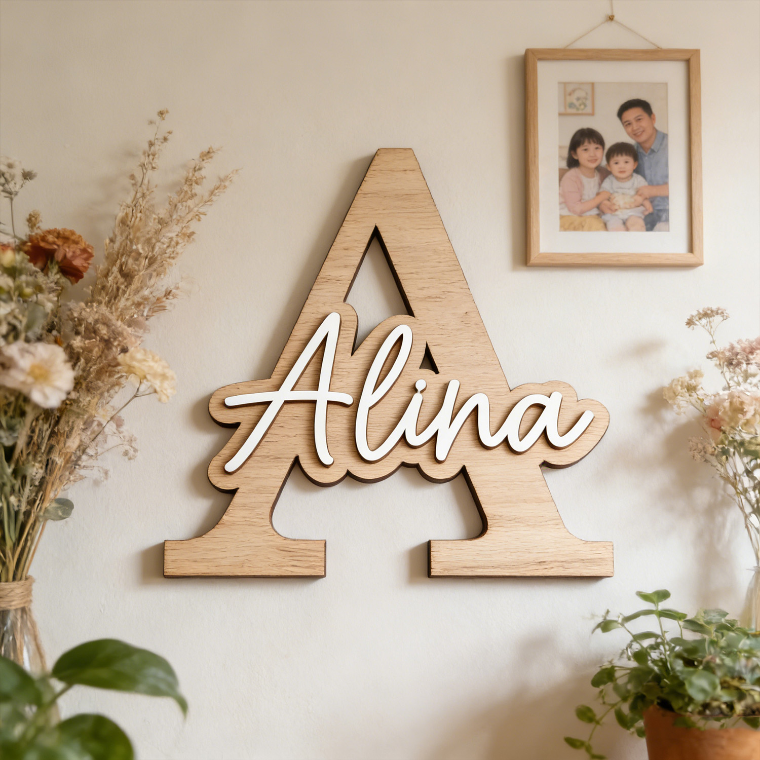 Wedding Souvenir - 1 adet Özelleştirilebilir İsim Harfli Ahşap